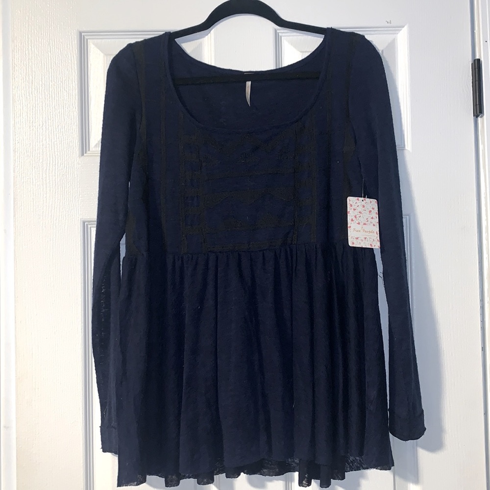 Free People Navy/Black Embroidered Blouse - NWT